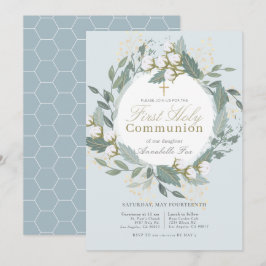 Dusty Blue Cotton WAN First Heliga Communice Inbjudningar