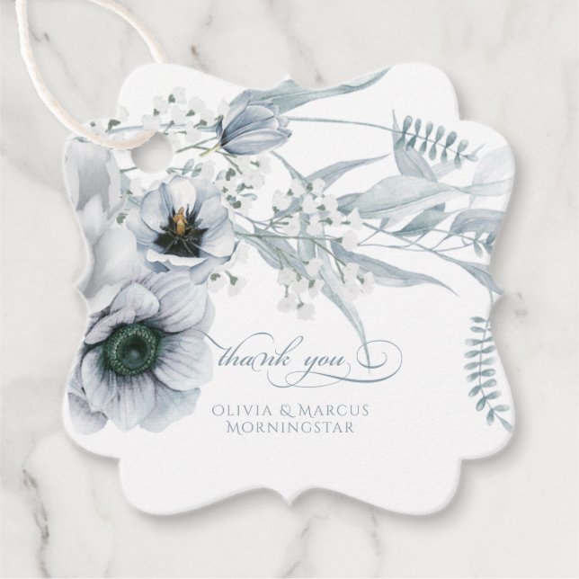 Dusty Blue Cream Anemone Peony Bröllop Gåvor Etiketter (Framsida)