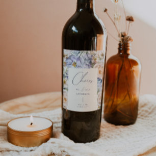 Dusty Blue Cream Blommigt Bröllop Vinflaska Etikett