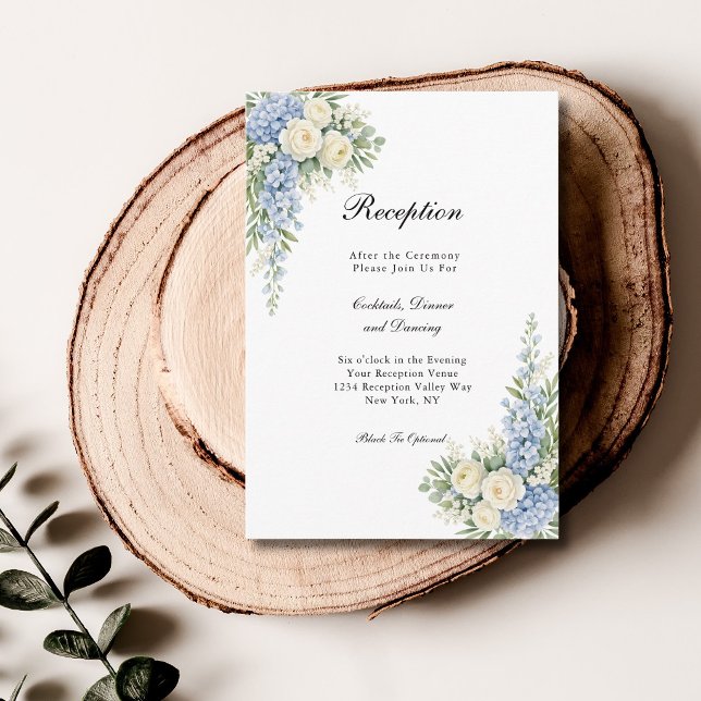 Dusty Blue Cream Floral Wedding Reception  Tilläggskort (Dusty Blue, cream watercolor florals wedding reception enclosure card)