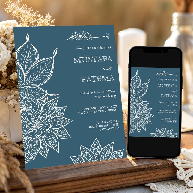 Dusty Blue Cream Mehndi Henna Muslim Bröllop Inbjudningar (Skapare uppladdad)