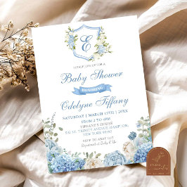 Dusty Blue Crest Hydrangea Blommig Baby Shower Inbjudningar