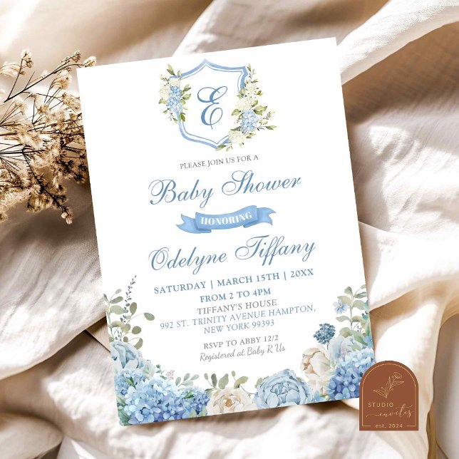 Dusty Blue Crest Hydrangea Blommig Baby Shower Inbjudningar (Skapare uppladdad)