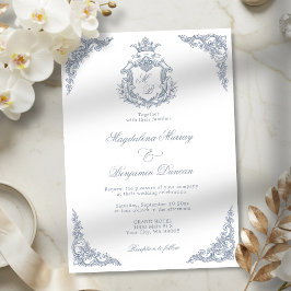 Dusty Blue Crest Monogram Regal Scrollwork Bröllop Inbjudningar