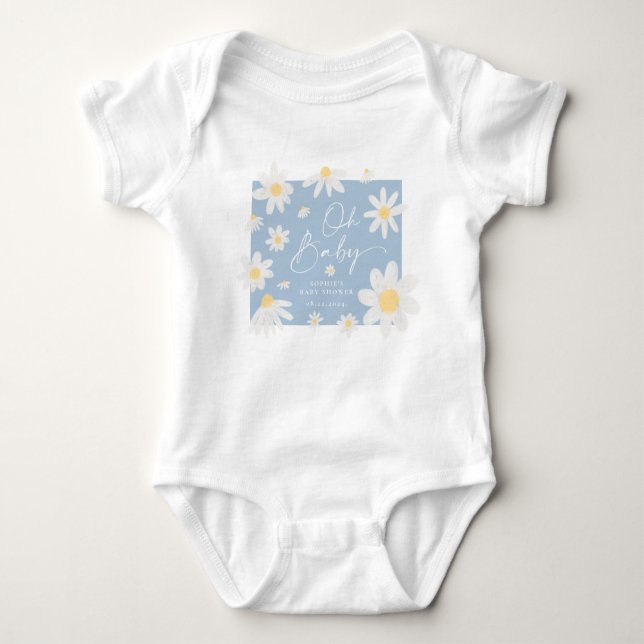 Dusty Blue Daisy Blomma Baby Shower Baby Bodysuit T Shirt (Framsida)