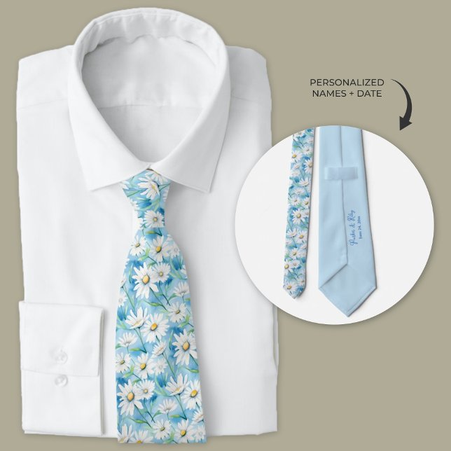 Dusty Blue-Daisy Slips (Dusty Blue watercolor daisy groomsmen neckties)