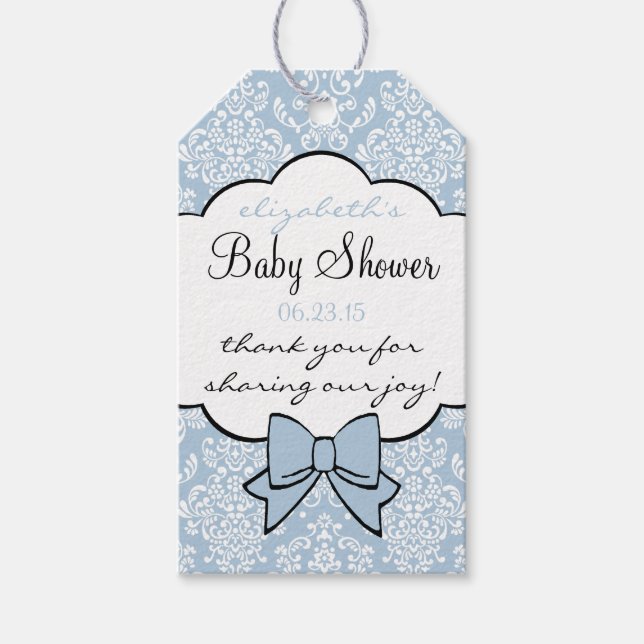 Dusty Blue Damask Baby Shower Guest Favest Favorit Presentetikett (Framsidan)