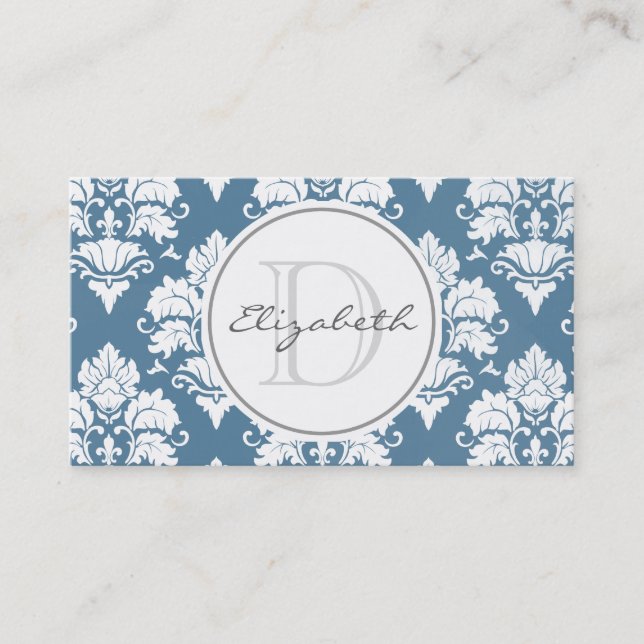 Dusty Blue Damask Monogram-avtalskort Tidsbeställning Kort (Framsida)