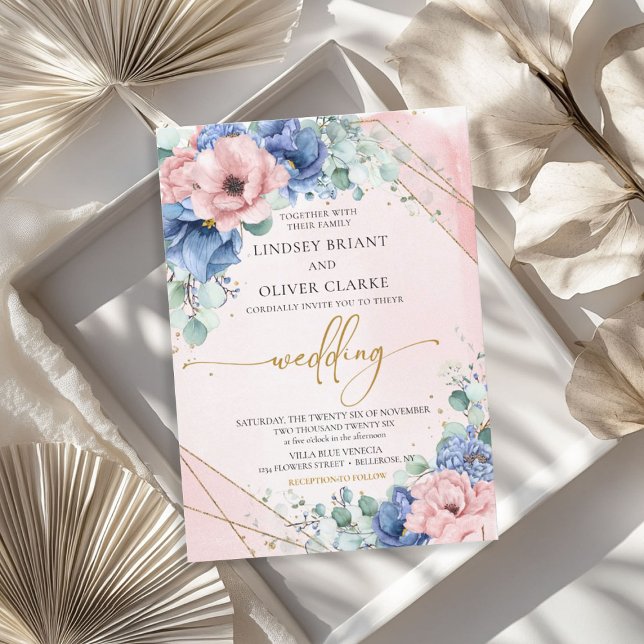 Dusty blue damsty rosa faux guld geometric inbjudningar (Dusty blue dusty pink faux gold geometric invitation)