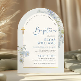 Dusty Blue Delphinium Floral Arched Boy Baptism Inbjudningar