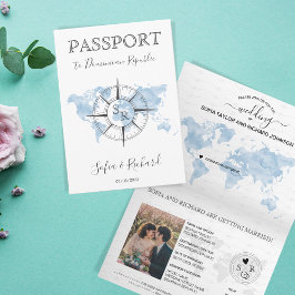 Dusty Blue Destination Wedding World Map Passport Inbjudan