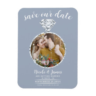 Dusty Blue Diamond Ring Bling Photo Save Date Magnet