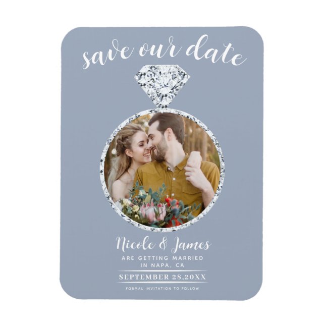 Dusty Blue Diamond Ring Bling Photo Save Date Magnet (Vertikal)