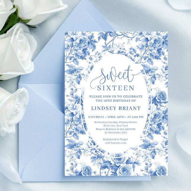 Dusty Blue Digital Floral Sweet 16 Birthday Card Inbjudningar (Dusty Blue Digital Floral Sweet 16 Birthday Card)