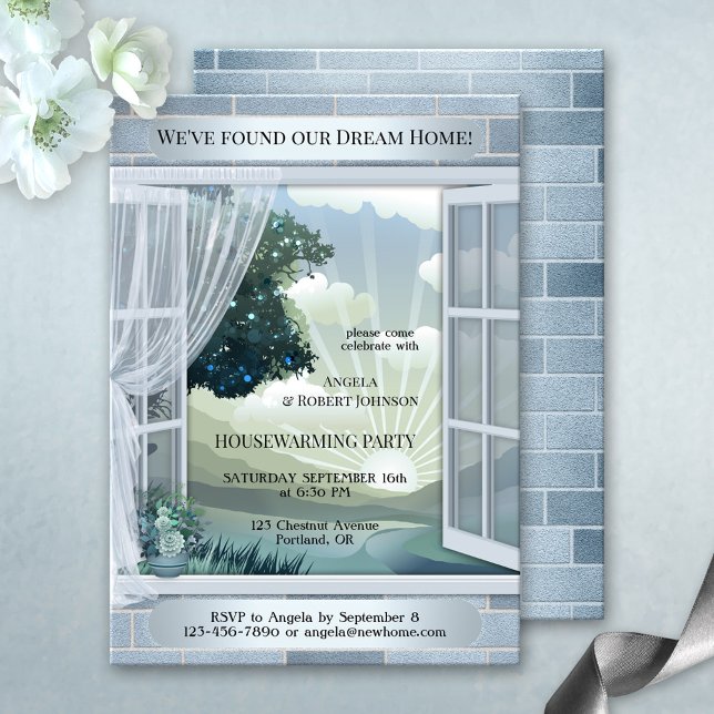 Dusty Blue Dream Home Houseuppvärmning Inbjudningar (Housewarming party invitation featuring a dreamy dusty blue silver and pale green design)