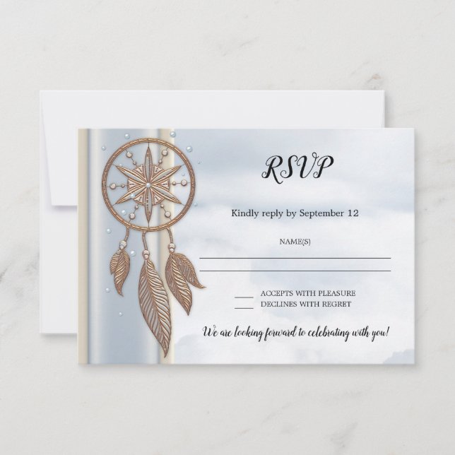 Dusty Blue Dreamcatcher Bröllop OSA Card Inbjudningar (Framsida)