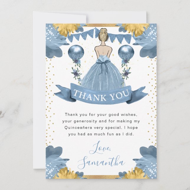 Dusty Blue Dress Blonde Hair Princess Quinceanera Tack Kort (Framsida)