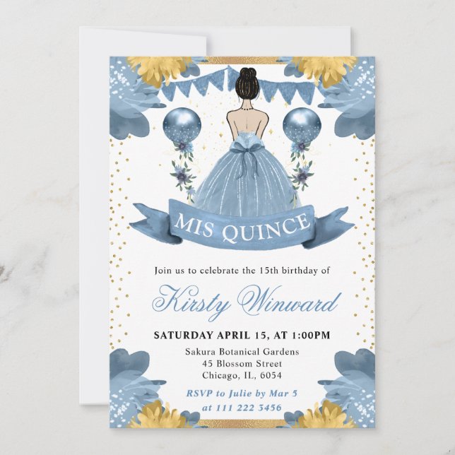 Dusty Blue Dress Brunette Princess Quinceanera Inbjudningar (Framsida)