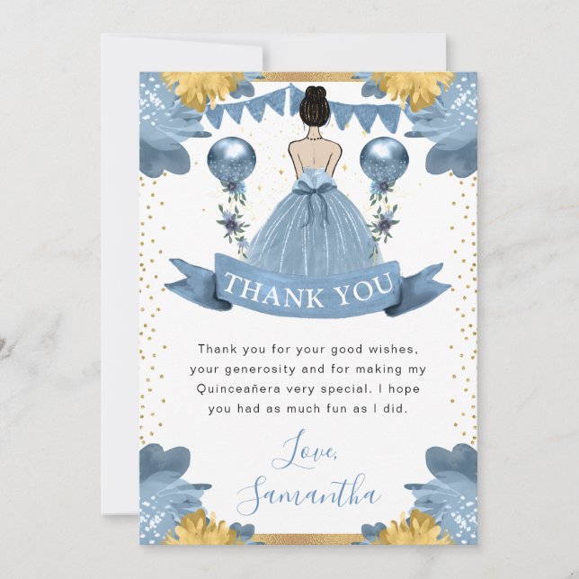 Dusty Blue Dress Brunette Princess Quinceanera Tack Kort (Framsida)