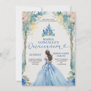 Dusty Blue Dress Castle Rosa Blommigt Quinceañera Inbjudningar