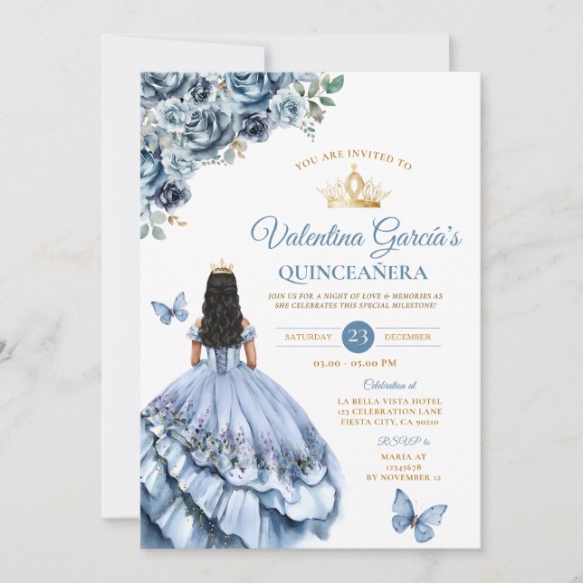 Dusty Blue Dress Quinceañera 15 Anos Flowers Guld Inbjudningar (Framsida)