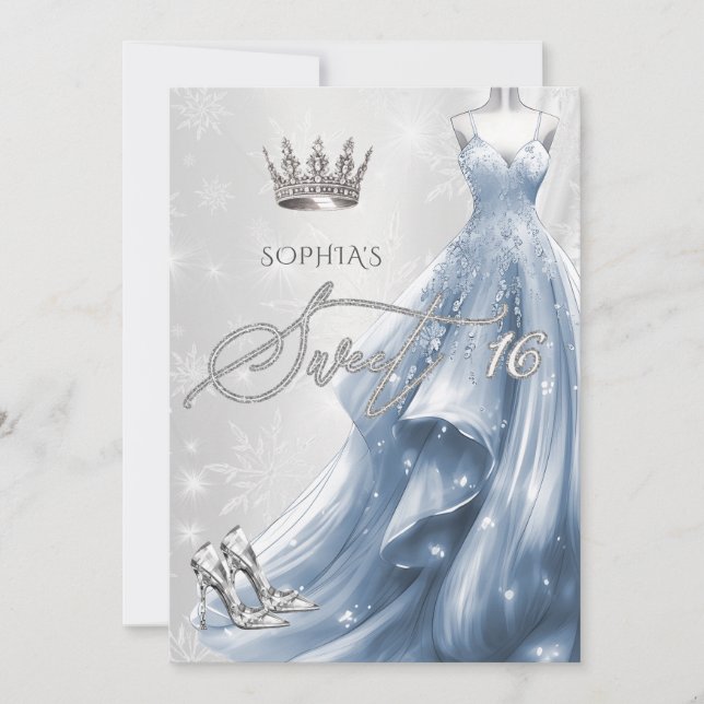 Dusty Blue Dress Snöflingor Winter Sweet 16 Inbjudningar (Framsida)