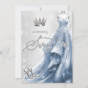 Dusty Blue Dress Snöflingor Winter Sweet 16 Inbjudningar