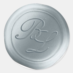 Dusty Blue Dubbla Monogram Faux Vax Seal Stickers Runt Klistermärke
