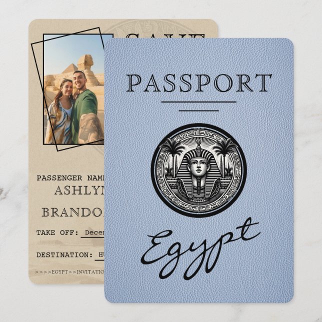 Dusty Blue Egypt Passport Wedding Save the Date Spara Datumet (Fram/baksida)