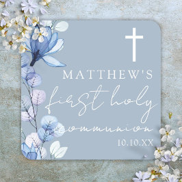 Dusty Blue Elegant Blommig Första Kommunion Fyrkantigt Klistermärke