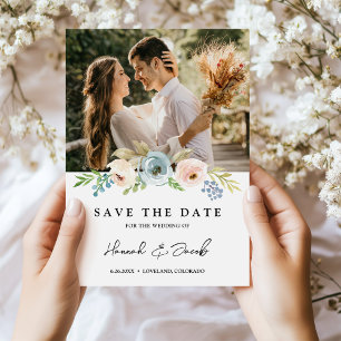 Dusty Blue Elegant Blommig Rustik Save The Date Spara Datumet