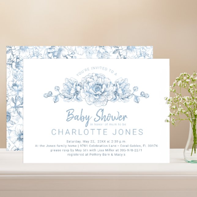 Dusty Blue Elegant Blommigt Baby Shower Inbjudan (Dusty Blue Floral Baby Shower)