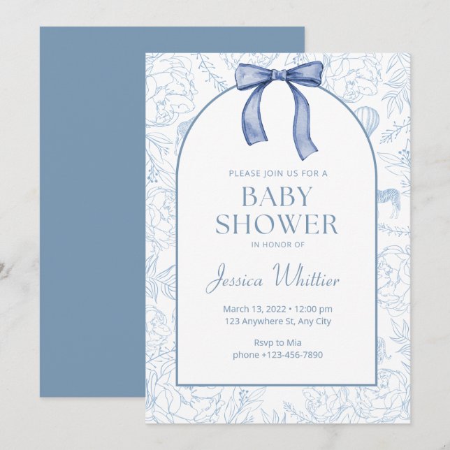 Dusty Blue Elegant Blommigt Baby Shower Inbjudningar (Fram/baksida)