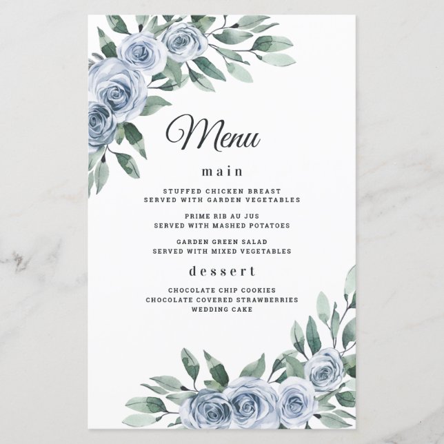 Dusty Blue Elegant Blommigt Boho Bröllop Menu-kort (Framsida)