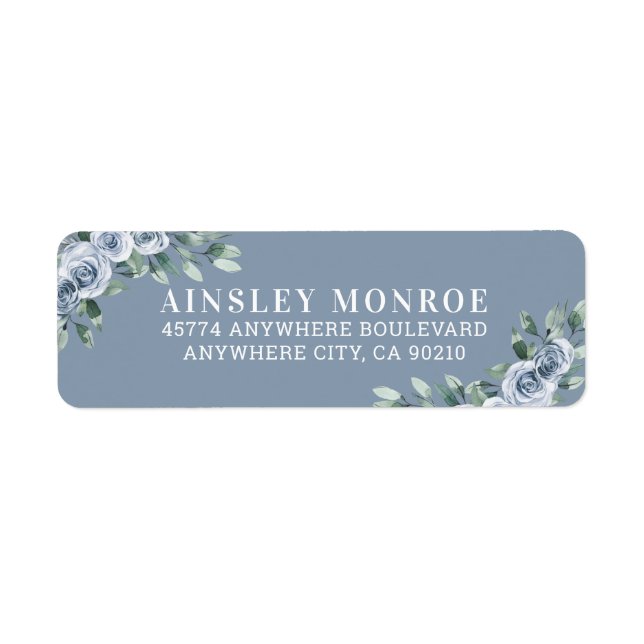 Dusty Blue Elegant Blommigt Boho Ro Rustic Bröllop Returadress Etikett (Framsidan)