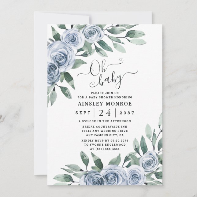 Dusty Blue Elegant Blommigt Boho Rustic Baby Showe Inbjudningar (Framsida)