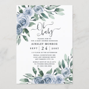 Dusty Blue Elegant Blommigt Boho Rustic Baby Showe Inbjudningar
