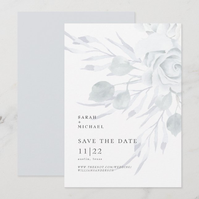 Dusty Blue Elegant Blommigt Bröllop spara datum Datumet (Fram/baksida)