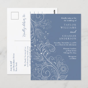 Dusty Blue Elegant Blommigt Bröllop Vykort