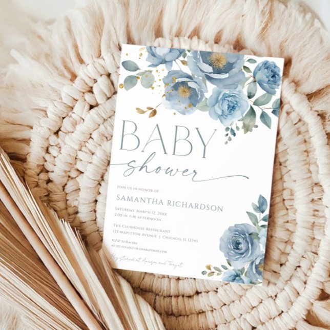 Dusty Blue elegant blommigt ro pojkdusch Inbjudningar (Skapare uppladdad)