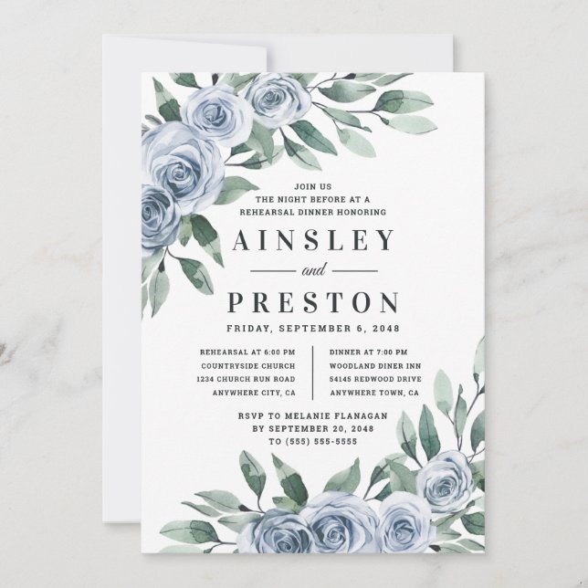 Dusty Blue Elegant Blommigt Rustic Rehearsal Midda Inbjudningar (Framsida)