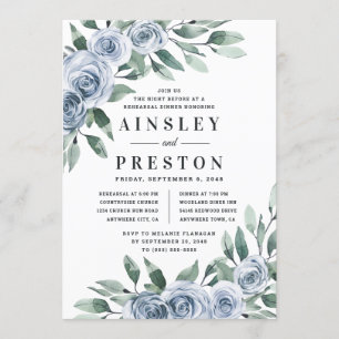 Dusty Blue Elegant Blommigt Rustic Rehearsal Midda Inbjudningar