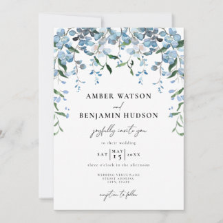 Dusty Blue Elegant Blommigt Watercolor Bröllop Inbjudningar