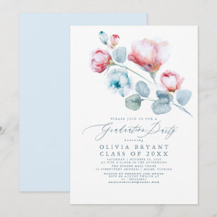 Dusty Blue Elegant Boho Blommigt Studentfest Inbjudningar