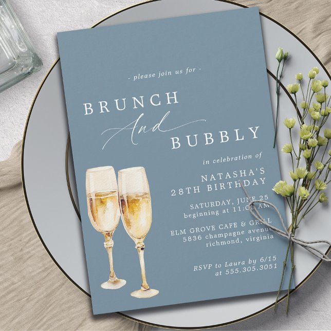 Dusty Blue | Elegant Champagne Birthday Brunch Inbjudningar (Skapare uppladdad)