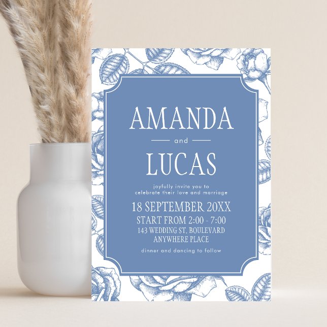 Dusty Blue Elegant Chinoiserie Bröllop Inbjudningar (Dusty Blue Vintage Elegant Wedding Invitation)
