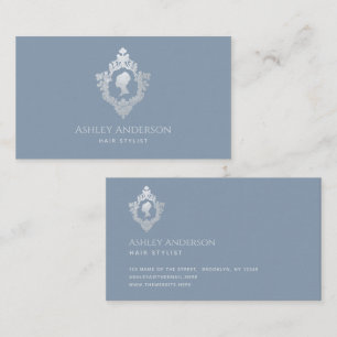 Dusty Blue Elegant Dam Vintage Crest Falskt Silver Visitkort