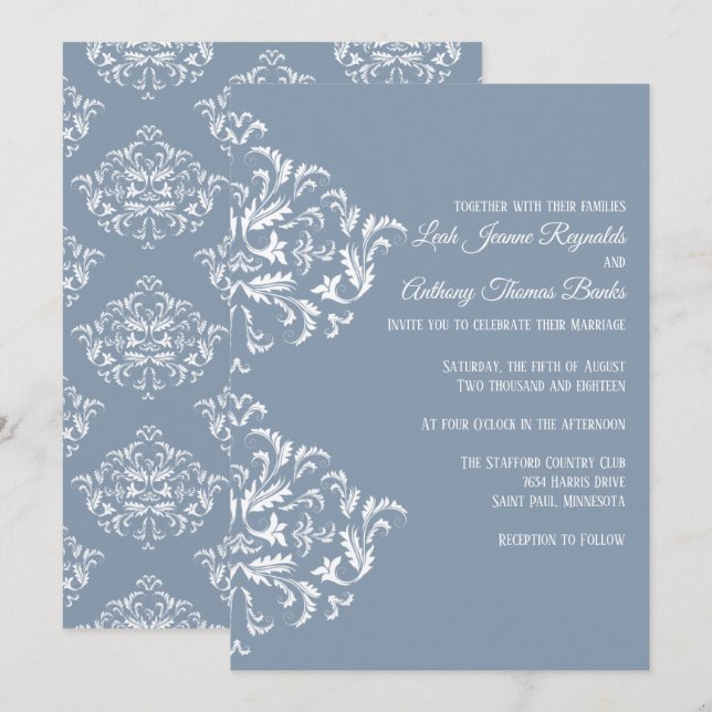 Dusty Blue Elegant Damask-inbjudan Inbjudningar (Fram/baksida)
