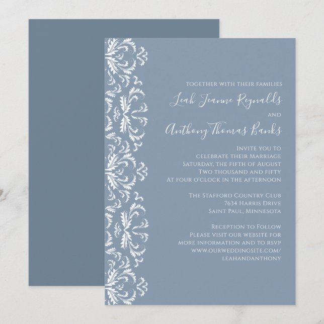 Dusty Blue Elegant Damask-inbjudan Inbjudningar (Fram/baksida)