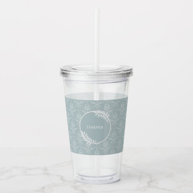 Dusty Blue Elegant Damask Personlig Take Away Mugg (Framsida)